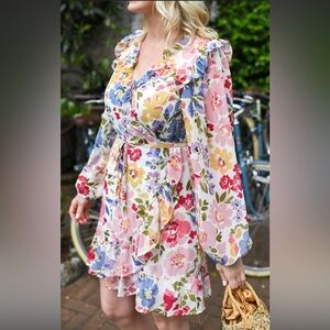 EN SAISON Floral Ruffle Wrap Dress Cottagecore Romantic Size Small